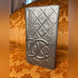 Chanel lambskin Cambon line Bronzed Silver long bifold wallet